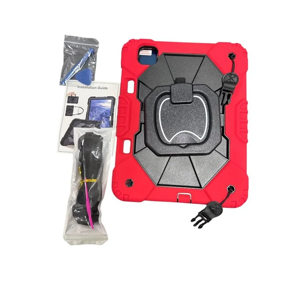 Shockproof Case For iPad Pro 11 Inch 2024 Red & Black With Screen Protector & St